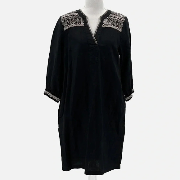 Garnet Hill European Flax Embroidered Dress in Black - Size XS - Picture 2 of 9
